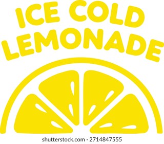 Eine einfache und lebendige Illustration einer Zitronenscheibe mit dem Text "ICE COLD LEMONADE" darüber, der ein erfrischendes Sommergetränk symbolisiert.