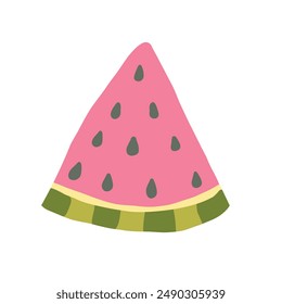 A simple and vibrant illustration of a watermelon slice with pink flesh, black seeds, and a green rind. Perfect for summer themes, healthy eating, or playful and colorful designs. Ideal for seasonal.