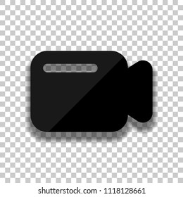 Simple video camera icon. Black glass icon with soft shadow on transparent background