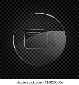 Simple video camera icon. Icon in circle glass bubble on dark transparent grid. Glass style