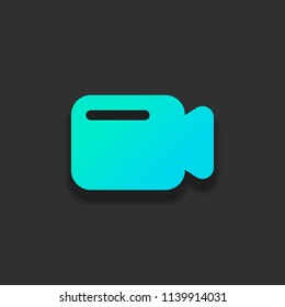Simple video camera icon. Colorful logo concept with soft shadow on dark background. Icon color of azure ocean