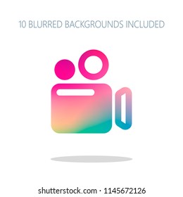 Simple video camera icon. Colorful logo concept with simple shadow on white. 10 different blurred backgrounds included