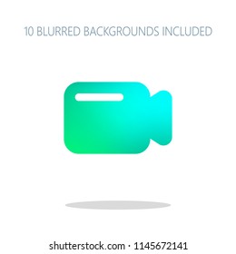 Simple video camera icon. Colorful logo concept with simple shadow on white. 10 different blurred backgrounds included