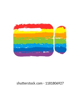 Simple video camera icon. Drawing sign with LGBT style, seven colors of rainbow (red, orange, yellow, green, blue, indigo, violet
