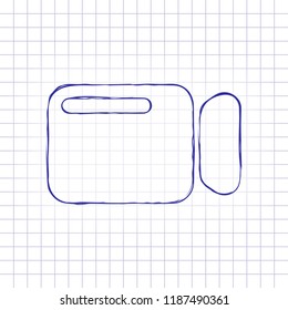 Simple video camera icon. Hand drawn picture on paper sheet. Blue ink, outline sketch style. Doodle on checkered background