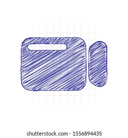 Simple video camera icon. Hand drawn sketched picture with scribble fill. Blue ink. Doodle on white background