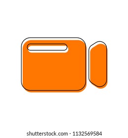 Simple video camera icon. Isolated icon consisting of black thin contour and orange moved filling on different layers. White background