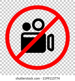 Simple video camera icon. Not allowed, black object in red warning sign with transparent background