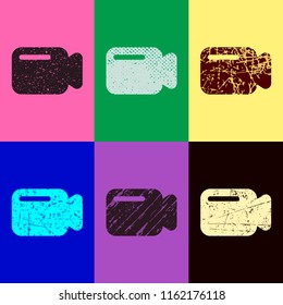 Simple video camera icon. Pop art style. Scratched icons on 6 colour backgrounds. 