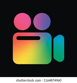 Simple video camera icon. Rainbow color and dark background