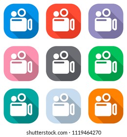 Simple video camera icon. Set of white icons on colored squares for applications. Seamless and pattern for poster