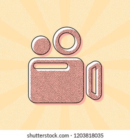 Simple video camera icon. Vintage retro typography with offset printing effect. Dots poster with comics pop art background