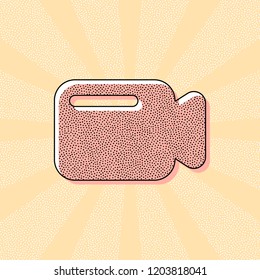 Simple video camera icon. Vintage retro typography with offset printing effect. Dots poster with comics pop art background