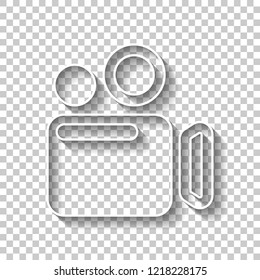 Simple video camera icon. White outline sign with shadow on transparent background