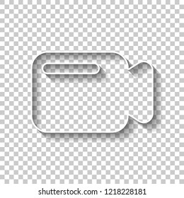 Simple video camera icon. White outline sign with shadow on transparent background