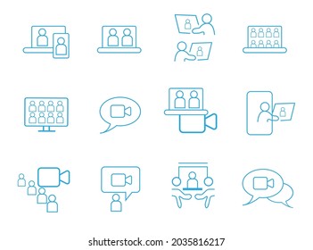 simple video conferencing related vector line icon set Contains icons such as group chats, 360-degree cameras, video calls, and more.