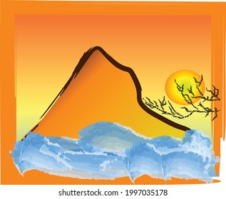 einfache Aussicht auf Berge, Ozean, Sonne im Sommer, einfache Gradation und Malerei