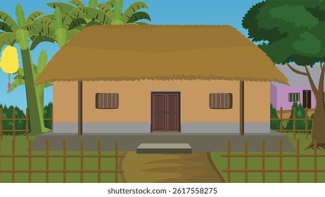 A simple village house with a thatched roof in a rural landscape. A house with a thatched roof and a wooden fence. The house is in a village. There is a tree in the background