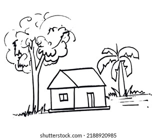 Simple Village House Tree Grass Sketch Stock Vector (Royalty Free ...