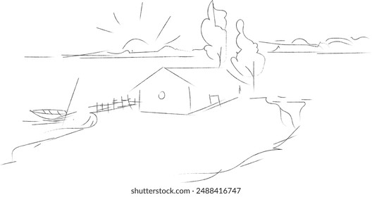 A Simple Village Sketch illustration with river and sun.