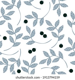 simple vintage abstract pattern . white background. black berries, gray plant leaves. vector texture. trend print for textiles and wallpaper.