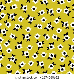 Simple vintage background. Mustard background, black and white flowers,black leaves. The print is well suited for textiles, banners and Wallpaper.