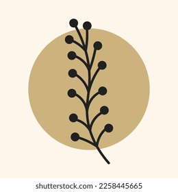 Simple vintage branch on circle. Golden round moon with minimal black twig. Square greeting card poster, print. Vector illustration