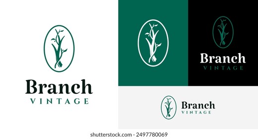 Simple Vintage Branch Vines Foliage Logo Design Branding Template