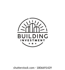 Simple vintage building, retro real estate label design, rustic hipster city skyline stamp logo 