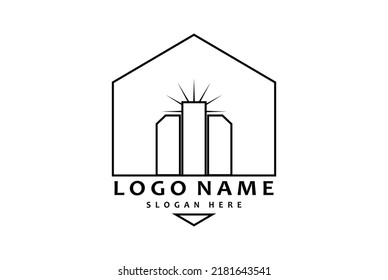 Simple vintage building, retro real estate label design, rustic hipster city skyline stamp logo