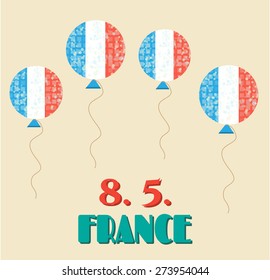 Simple, vintage card with flying balloons - french flag, celebrate 8 May - 8.5. - victory day in France - Fete de la Victoire, retro design