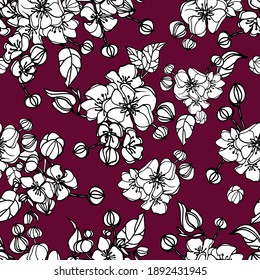 Simple vintage floral pattern on purple background. White ornamental flowers and leaves. The print is well suited for textiles, banners and Wallpapers. Vector illustration