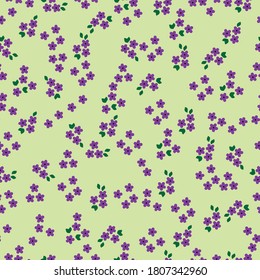 Simple vintage floral pattern .Small purple flowers and leaves on a light green background. The print is suitable for Wallpaper.