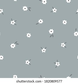 Simple vintage floral pattern. White flowers on a gray background. Vector texture. Elegant print for Wallpaper.