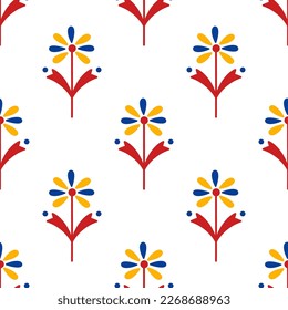 Simple vintage floral seamless pattern with colorful daisies. Vector flat illustration with retro flowers isolated on a white background. The symmetric motif for the design of fabric, paper