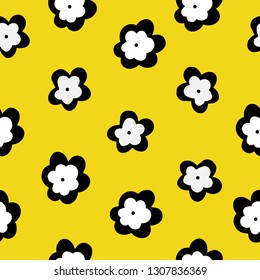 Simple vintage flower pattern. Yellow background, cute white black flowers. Good print for textiles, postcards, banners.