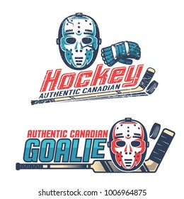 Simple vintage hockey emblems with  classic goalkeeper mask, gloves, sticks from the 60's, 70's. Worn texture on separate layer can be disabled.