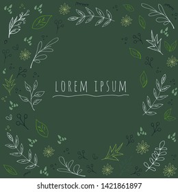Simple vintage layout for cards, flyers, posters, brochures. Graphic minimalistic vector illustration with chamomiles, leaves and a place for text on dark green background.