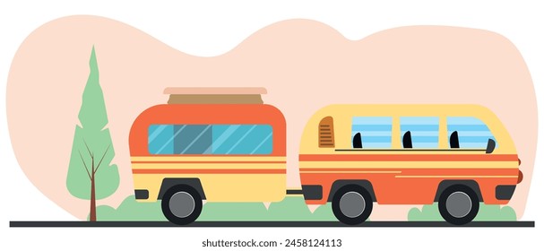 Simple vintage minibus and caravan isolated on white background.Vector illustration.