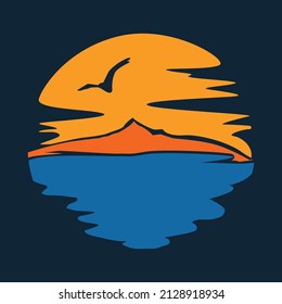 Simple and vintage ocean view, mountain and bird in flight vector icon