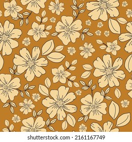 Simple vintage pattern. Beige flowers and leaves. Mustard background. Fashionable print for textiles, wallpaper and packaging.