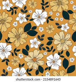 Simple vintage pattern. Beige and white flowers , dark leaves . Yellow background. Fashionable print for textiles, wallpaper and packaging.