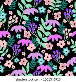 Simple vintage pattern. Black background, bright colored flowers. Print is well suited for Wallpaper, banners, textiles and packaging.