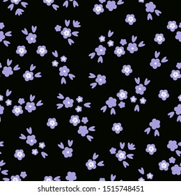 Simple vintage pattern. Black background, small lilac flowers. Print is well suited for textiles, Wallpaper and packaging.