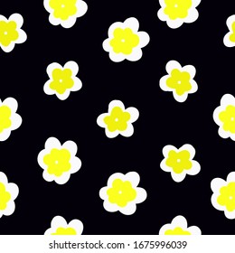 Einfaches Vintage-Muster. Schwarzer Hintergrund, weiße Blumen. Der Druck eignet sich gut für Textilien, Tapeten und Verpackungen.