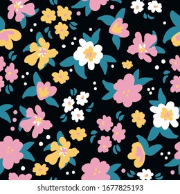 Simple vintage pattern. Black background,white, pink and orange flowers, green leaves. The print is well suited for textiles, Wallpaper and packaging.