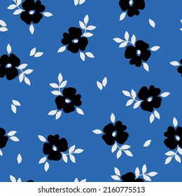 Simple vintage pattern. black flowers, white leaves. Blue background. fashionable print for children's textiles, wallpaper and packaging.