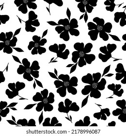 Simple vintage pattern. black flowers and leaves. white   background. Fashionable print for textiles and wallpaper.