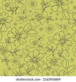 Simple vintage pattern. black outline, yellow flowers and leaves, background. Fashionable print for textiles, wallpaper and packaging.