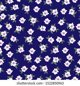 Simple vintage pattern. Blue background, cute white flowers. Print is well suited for textiles, Wallpaper and packaging.